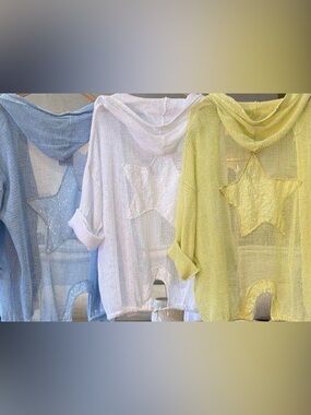Set Lightweight White Star Knit Hoodie for Women and pants linen